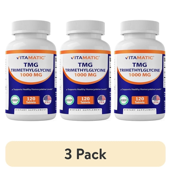 (3 pack) Vitamatic TMG Supplements 1000mg - Trimethylglycine - Betaine Anhydrous - 120 Tablets - 120 Servings - Non-GMO & Gluten Free