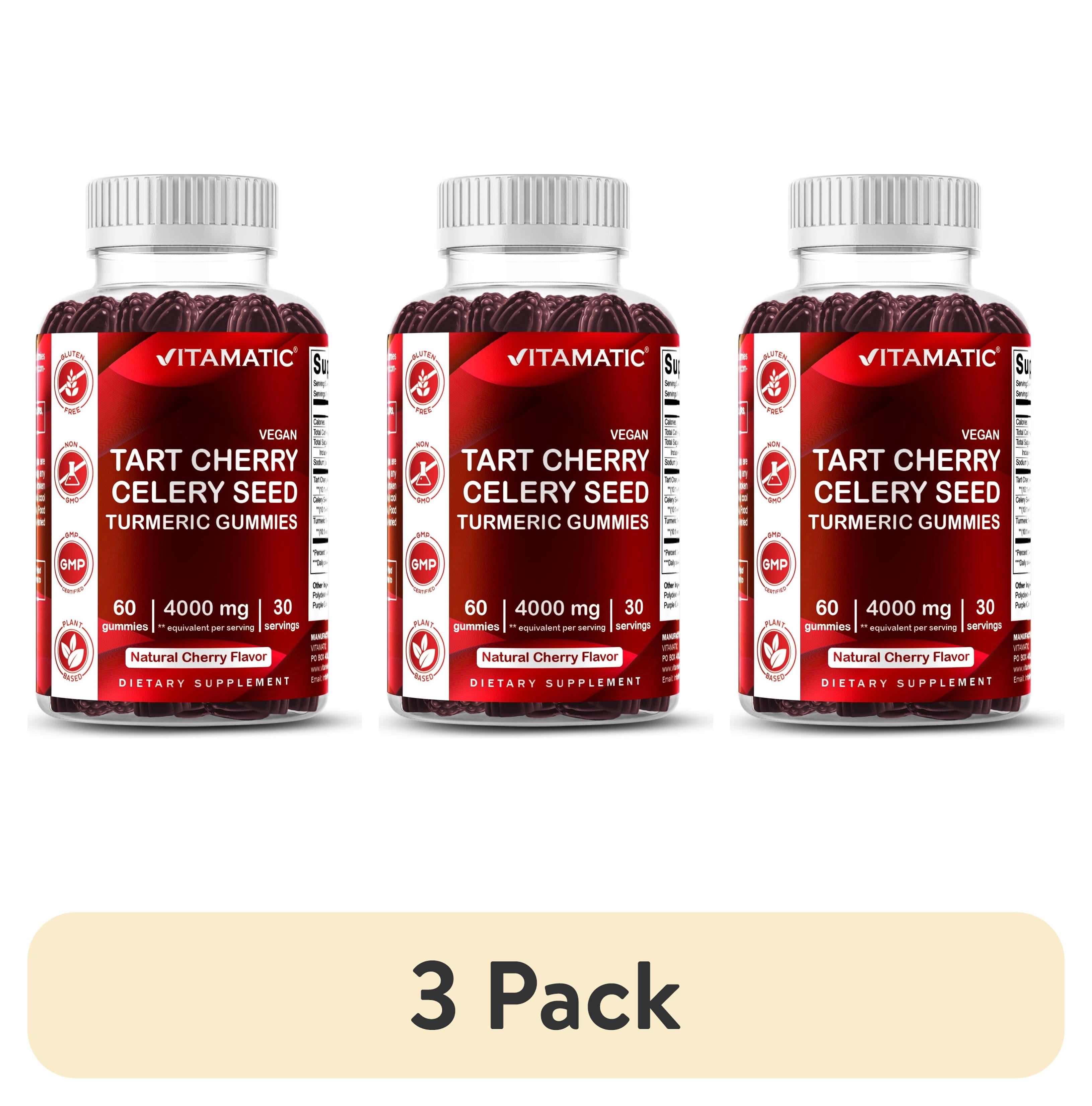 (3 pack) VVitamatic Tart Cherry (360 mg) with Celery Seed (30 mg) 10:1 Extract & Turmeric 20:1 Extract (10 mg) - (Per Serving/2 Gummies) - 60 Gummies