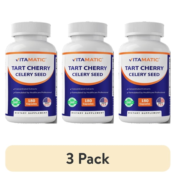 (3 pack) Vitamatic Tart Cherry with Celery Seed Concentrated Extracts - 18,000mg Equivalent Per Serving - 180 Veg Capsules