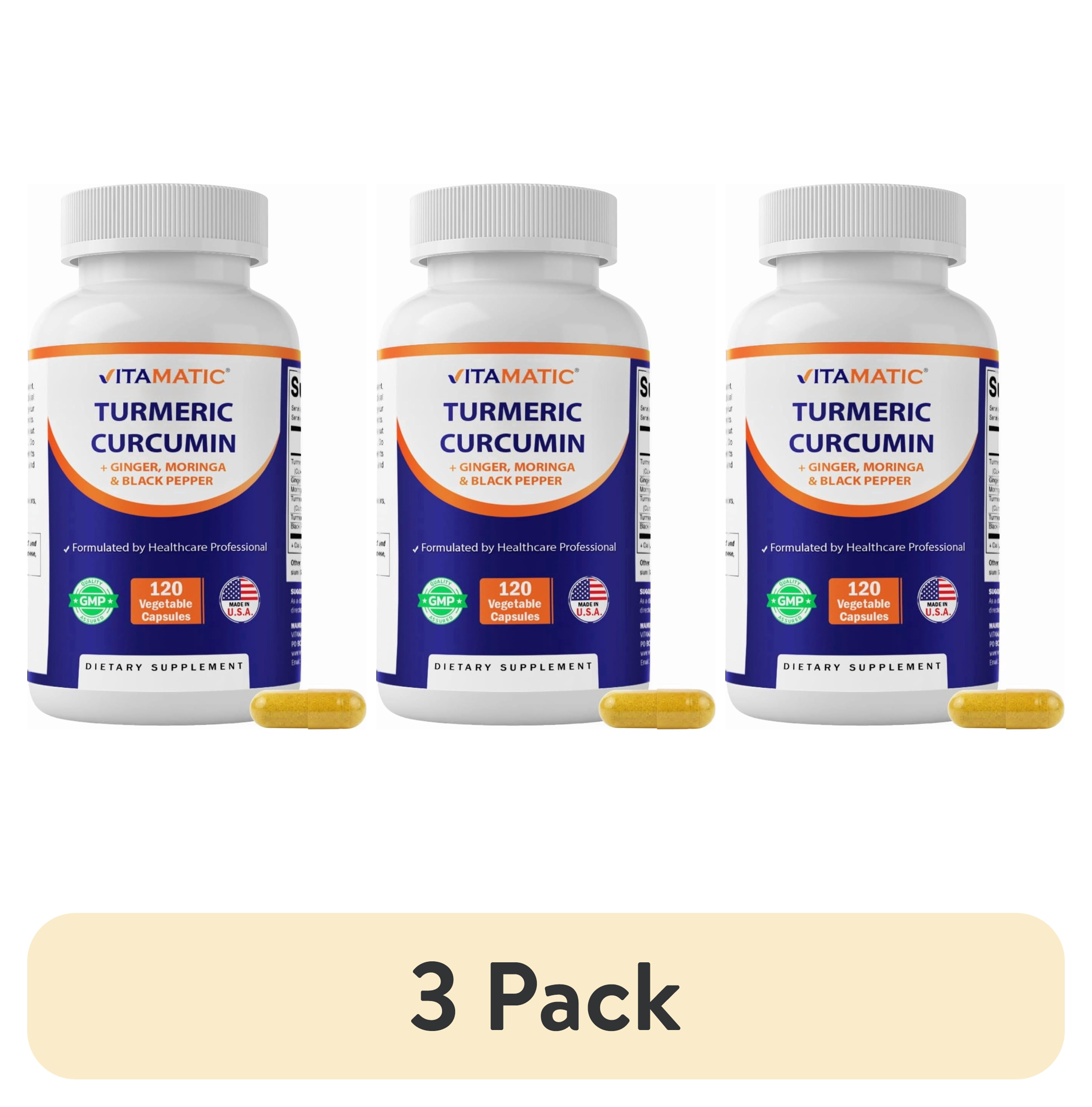 (3 pack) Vitamatic Turmeric Curcumin Supplement – Plant-Based Botanical Extract with Black Pepper, Ginger & Moringa – Vegetarian, Non-GMO, Gluten-Free – 120 Capsules