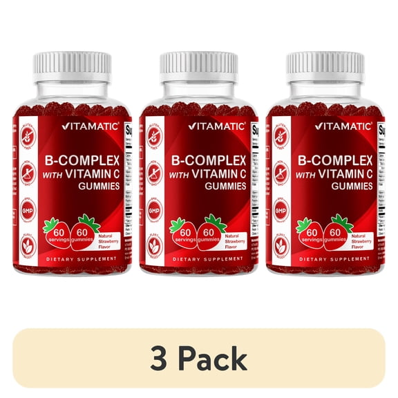 (3 pack) Vitamatic Vitamin B Complex Gummies with Vitamin C & Inositol - Natural Strawberry Flavor - 60 Gummies