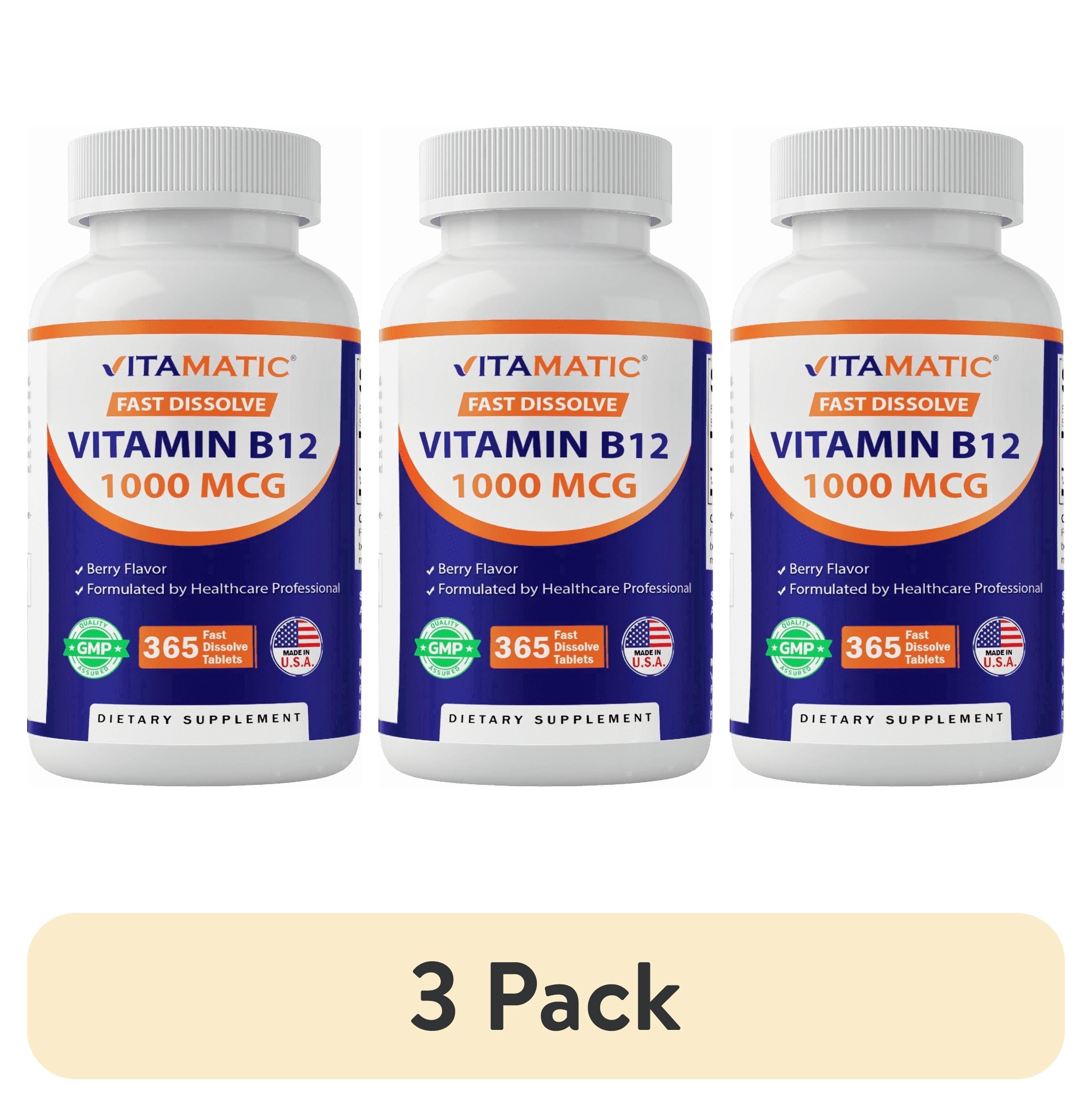 (3 pack) Vitamatic Vitamin B12 1000 mcg Fast Dissolve 365 Tablets - Berry Flavor - Supports Energy Metabolism
