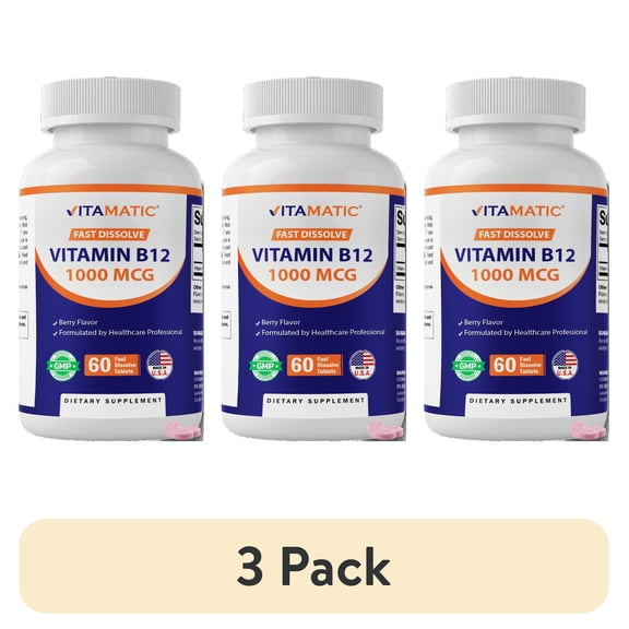 (3 pack) Vitamatic Vitamin B12 1000 mcg Fast Dissolve – 60 Tablets – Natural Berry Flavor – Supports Energy Metabolism & Nervous System Health