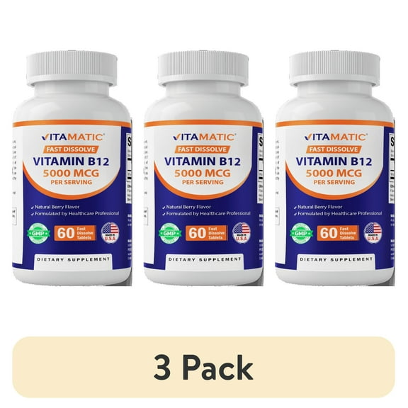 (3 pack) Vitamatic Vitamin B12 5000 mcg – 60 Fast Dissolve Tablets Berry Flavor – Supports Energy Production & Nervous System Health – Non-GMO, Gluten-Free