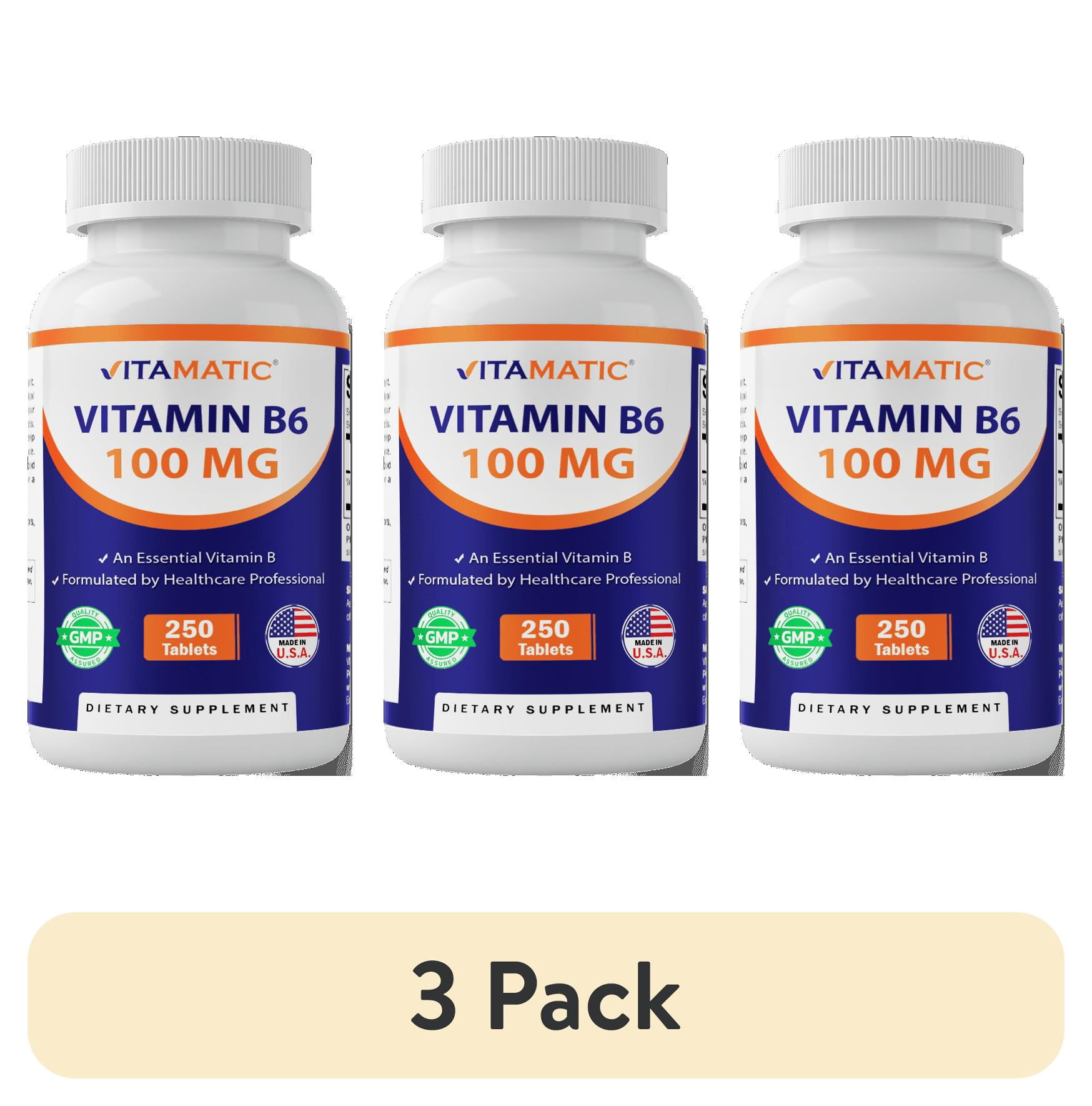 (3 pack) Vitamatic Vitamin B6 (Pyridoxine HCI), 100mg 250 Vegetarian Tablets - Promotes Energy Production, boosts Metabolism and Immune Health Support