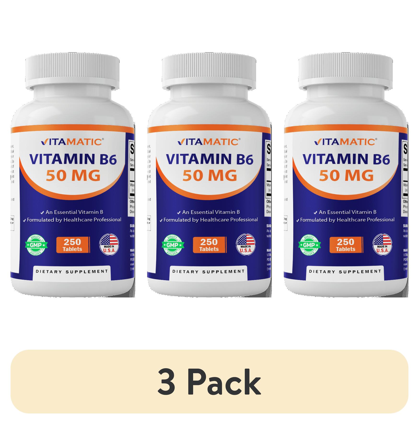 (3 pack) Vitamatic Vitamin B6 (Pyridoxine HCI), 50 mg 250 Vegetarian Tablets - Promotes Energy Production, boosts Metabolism and Immune Health Support