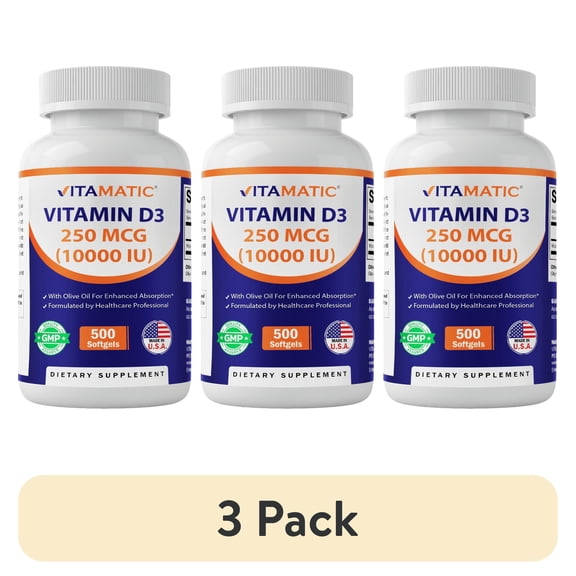 (3 pack) Vitamatic Vitamin D3 10000 IU (250 mcg) - 500 Softgels (Olive Oil Based), Non-GMO, Gluten Free in Cold-Pressed Mini Softgels