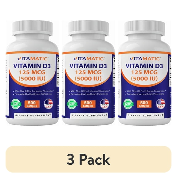 (3 pack) Vitamatic Vitamin D3 5000 IU (125 mcg) - 500 Softgels (Olive Oil Based) - 500 Days Supply - for Healthy Muscle Function, and Immune Support, Non-GMO, Gluten Free in Cold-Pressed Mini Softgels