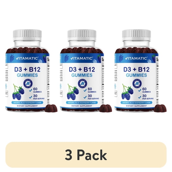 (3 pack) Vitamatic Vitamin D3 + B12 Gummies – Natural Blue Raspberry Flavor – 60 Gummies – with Folate & Vitamin B6 – Made in The USA