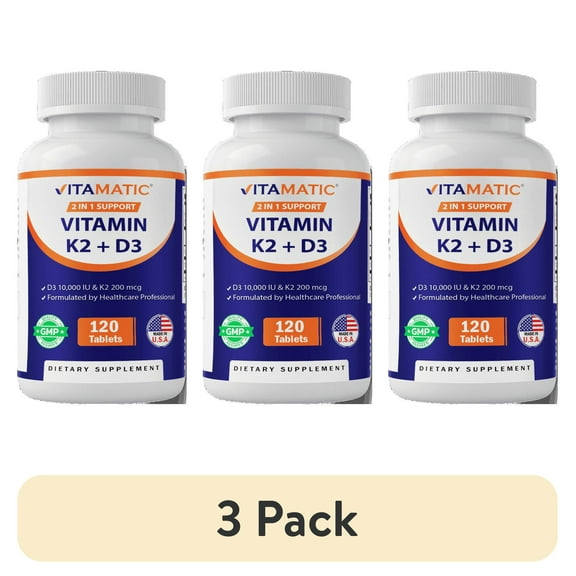 (3 pack) Vitamatic Vitamin D3 K2 Supplements with 10,000 IU Vitamin D + 200mcg Vitamin K MK-7, 120 Tablets Bone, Heart, Immune, & Calcium Support