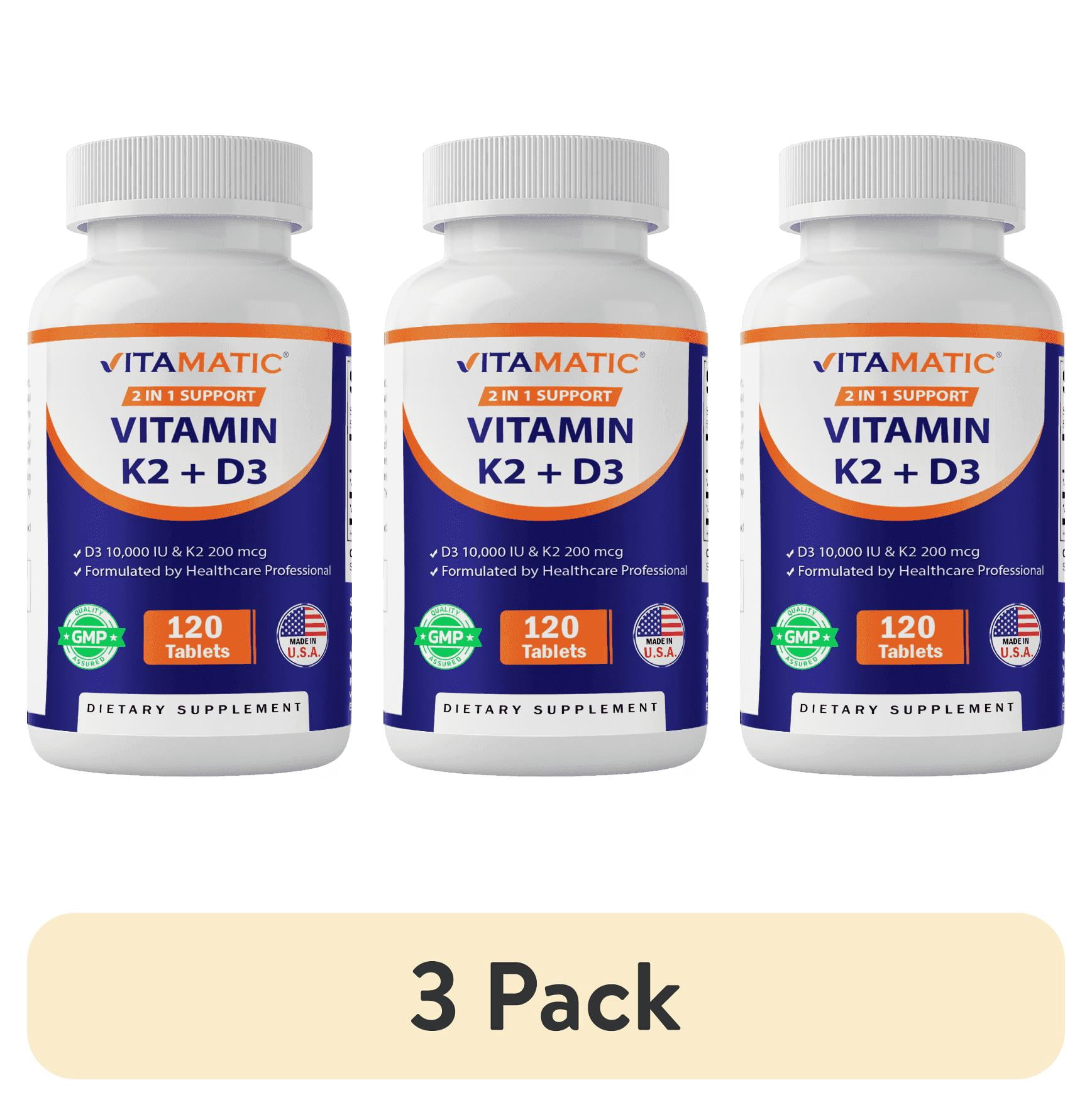 (3 pack) Vitamatic Vitamin D3 K2 Supplements with 10,000 IU Vitamin D + 200mcg Vitamin K MK-7, 120 Tablets Bone, Heart, Immune, & Calcium Support