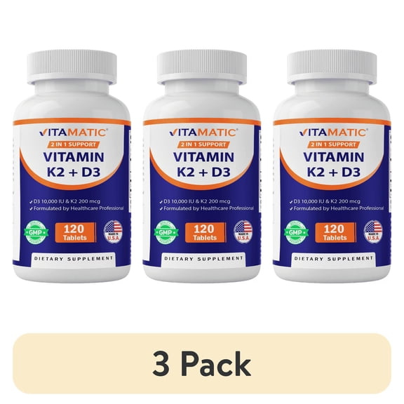 (3 pack) Vitamatic Vitamin D3 K2 Supplements with 10,000 IU Vitamin D + 200mcg Vitamin K MK-7, 120 Tablets Bone, Heart, Immune, & Calcium Support