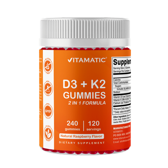 (3 pack) Vitamatic Vitamin D3 K2 with Calcium Gummies - 240 Count - Non-GMO, Gluten Free