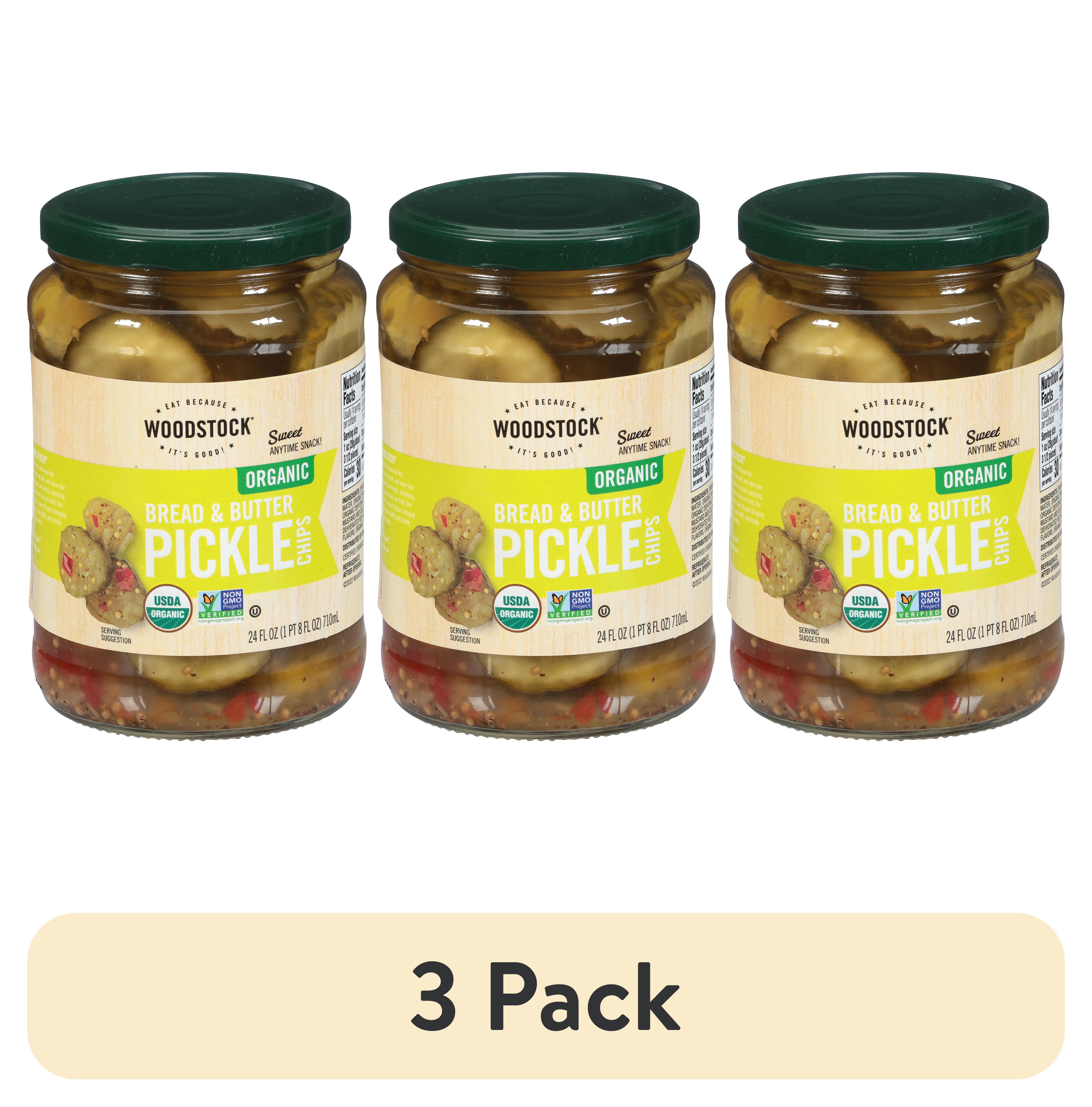 (3 pack) Woodstock Organic Sliced Sweet Bread and Butter Pickle Chips, 24 Fl oz Jar, Serving Size 4 Slices, About 15 Per Container