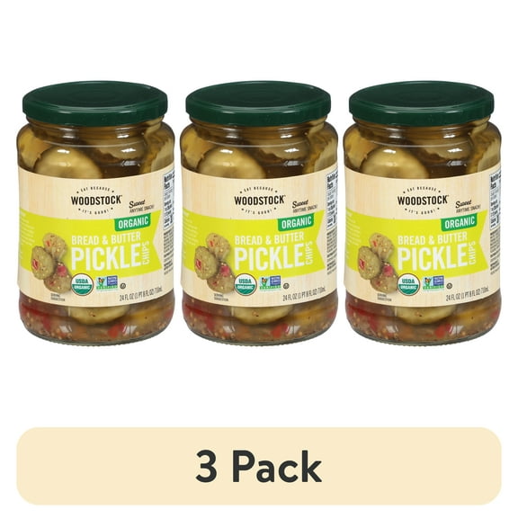 (3 pack) Woodstock Organic Sliced Sweet Bread and Butter Pickle Chips, 24 Fl oz Jar, Serving Size 4 Slices, About 15 Per Container