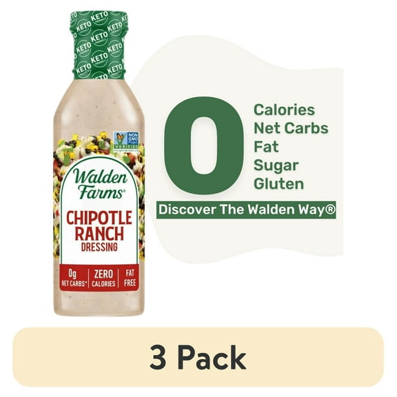 (3 pack) Walden Farms Chipotle Ranch Dressing, 12 oz. Bottle, Fresh and Delicious Salad Topping, Sugar Free 0g Net Carbs Condiment, Smooth and Creamy