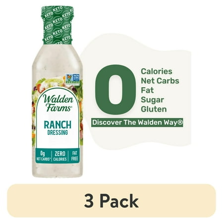 (3 pack) Walden Farms Ranch Dressing, 12oz. Bottle, Fresh-Delicious, Sugar Free 0g Net Carbs, Cool and Tangy