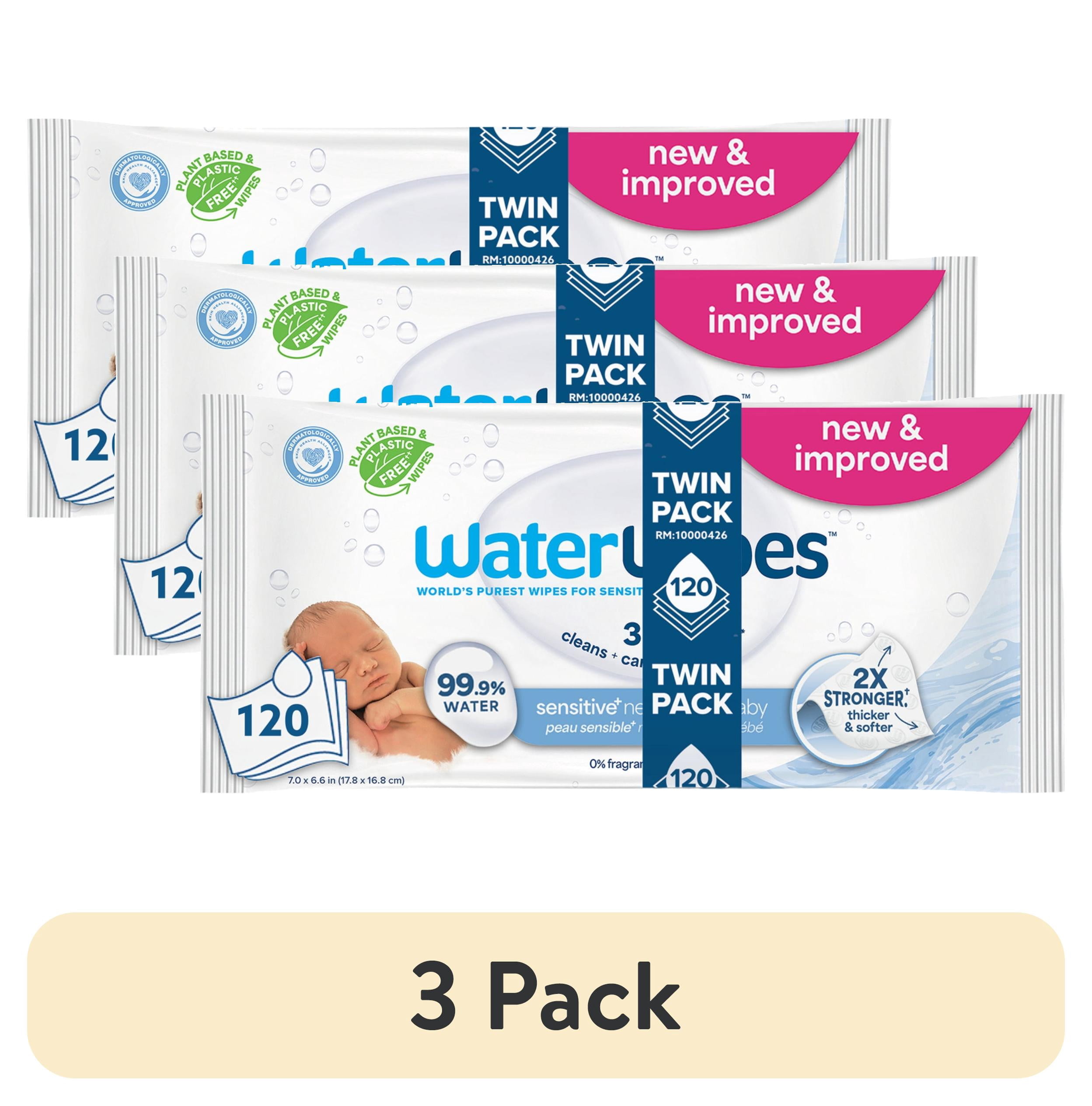 (3 pack) WaterWipes Sensitive Newborn & Baby Wipes, 99.9% Water, Unscented & Hypoallergenic, 120 Wipes