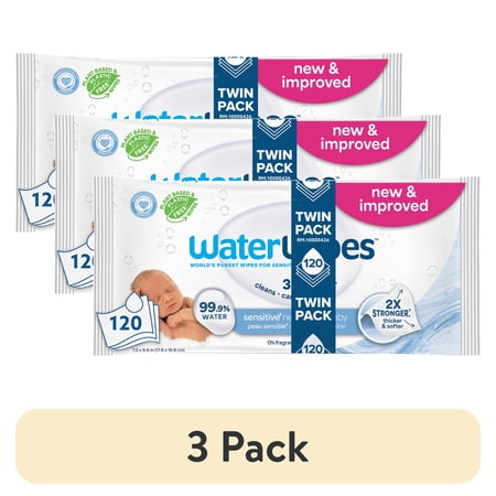 (3 pack) WaterWipes Sensitive Newborn & Baby Wipes, 99.9% Water, Unscented & Hypoallergenic, 120 Wipes