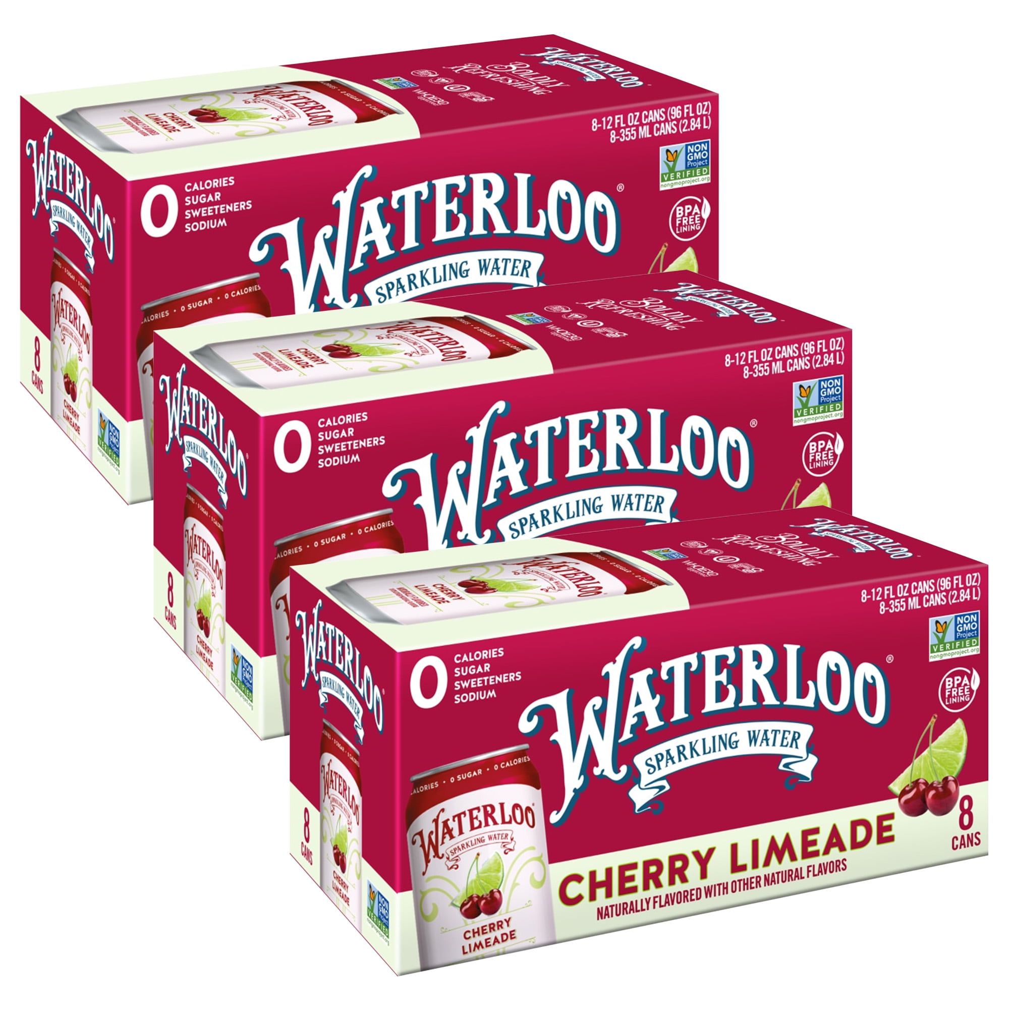 (3 pack) Waterloo Sparkling Water, Cherry Limeade, 12 fl oz, 8 pack cans