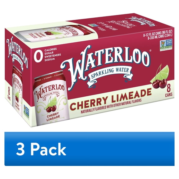 (3 pack) Waterloo Sparkling Water, Cherry Limeade, 12 fl oz, 8 pack cans
