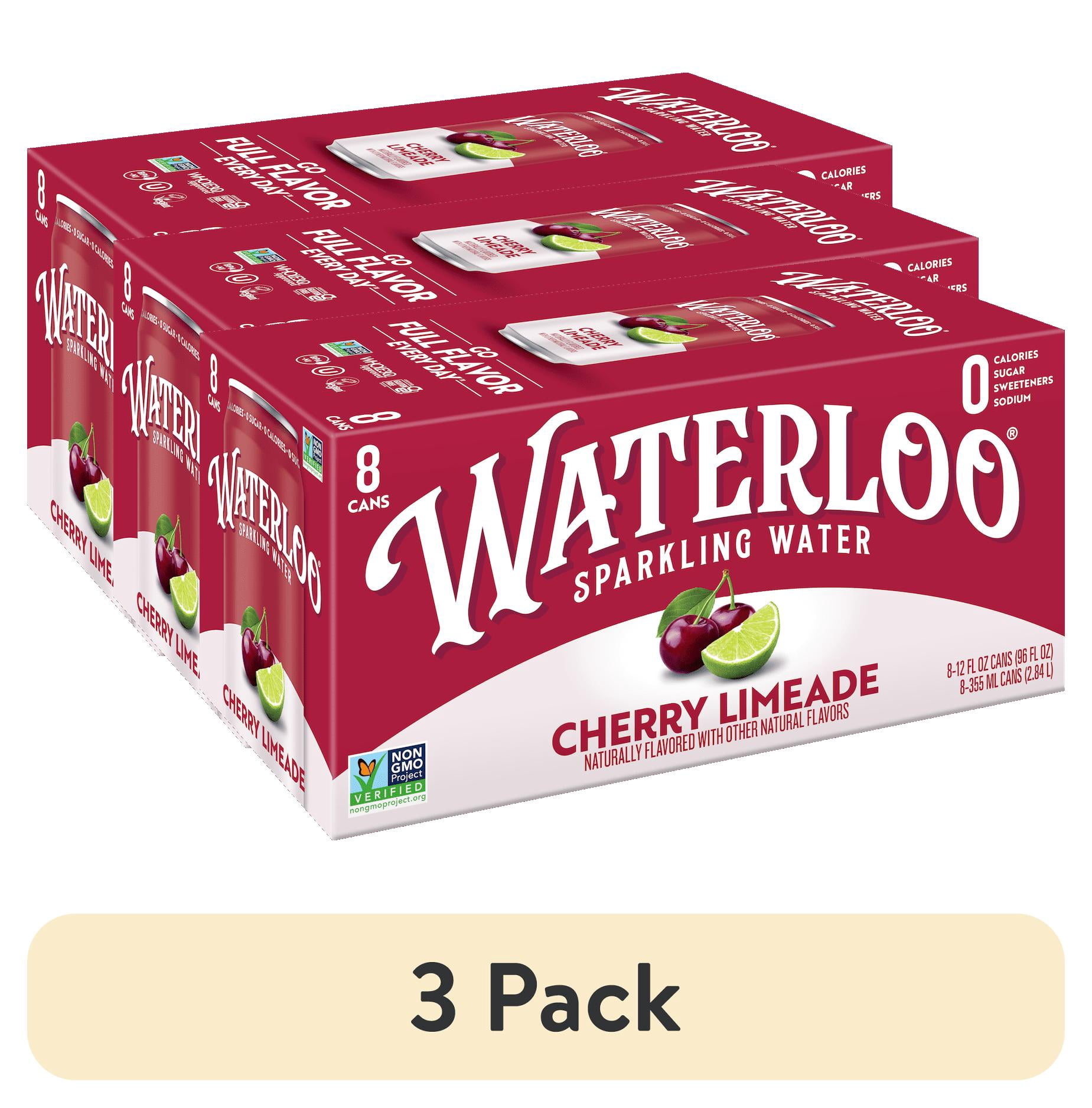 (3 pack) Waterloo Sparkling Water, Cherry Limeade, 12 fl oz, 8 Pack Cans