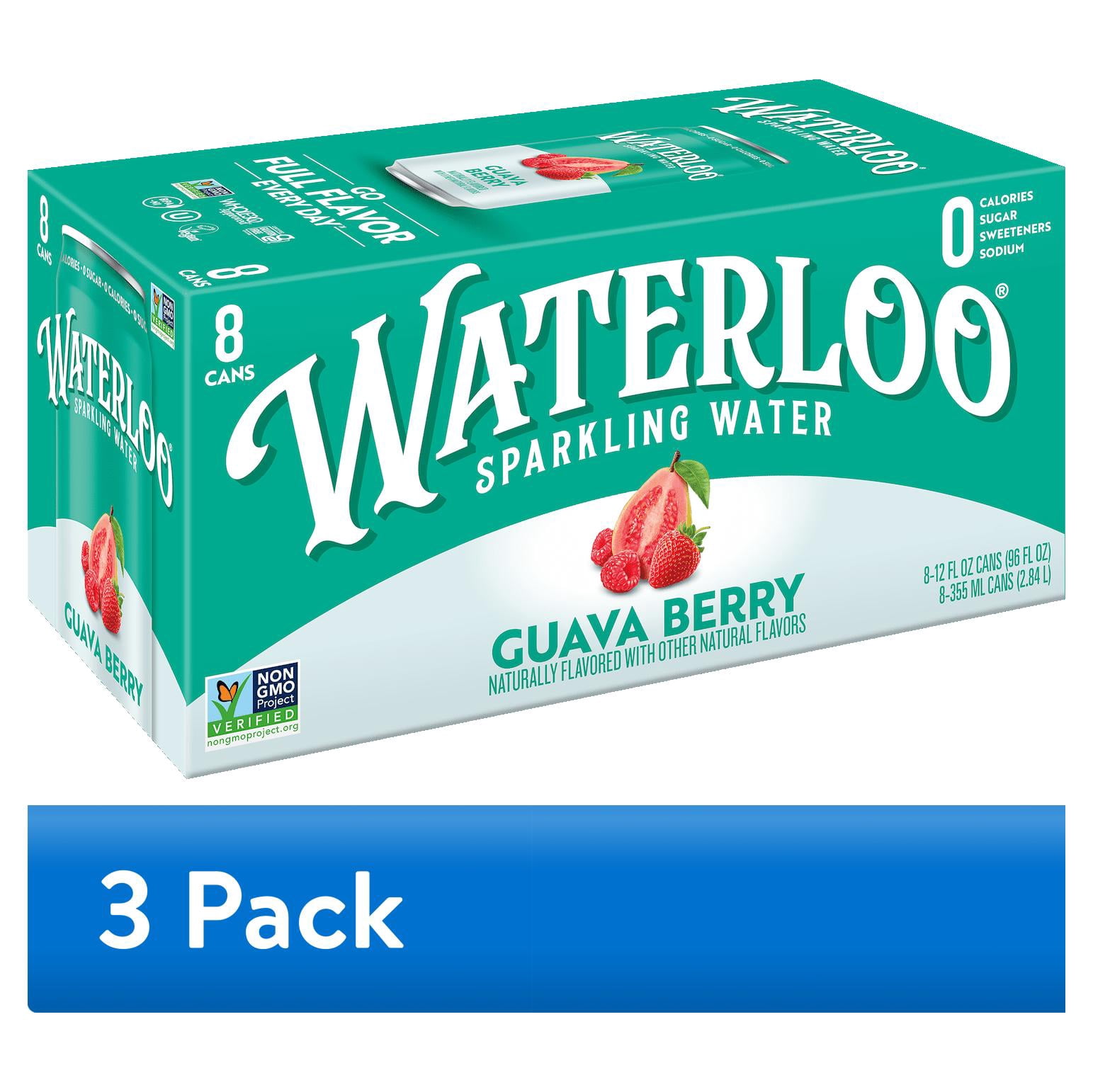 (3 pack) Waterloo Sparkling Water, Guava Berry, 12 fl oz, 8 pack, Zero Calories, Zero Sugar, Non-GMO