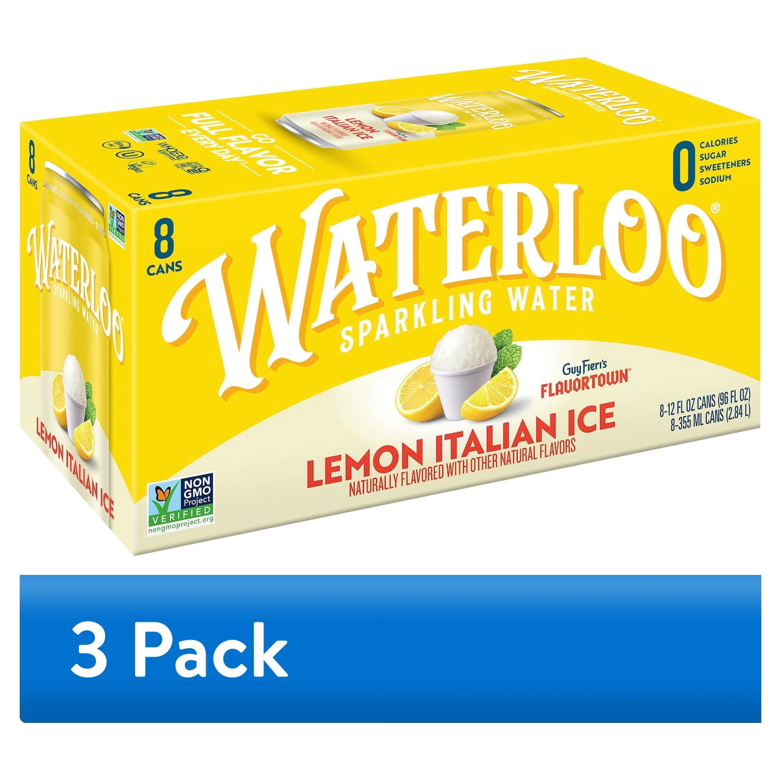 (3 pack) Waterloo Sparkling Water, Lemon Italian Ice, 12 fl oz, 8 pack cans