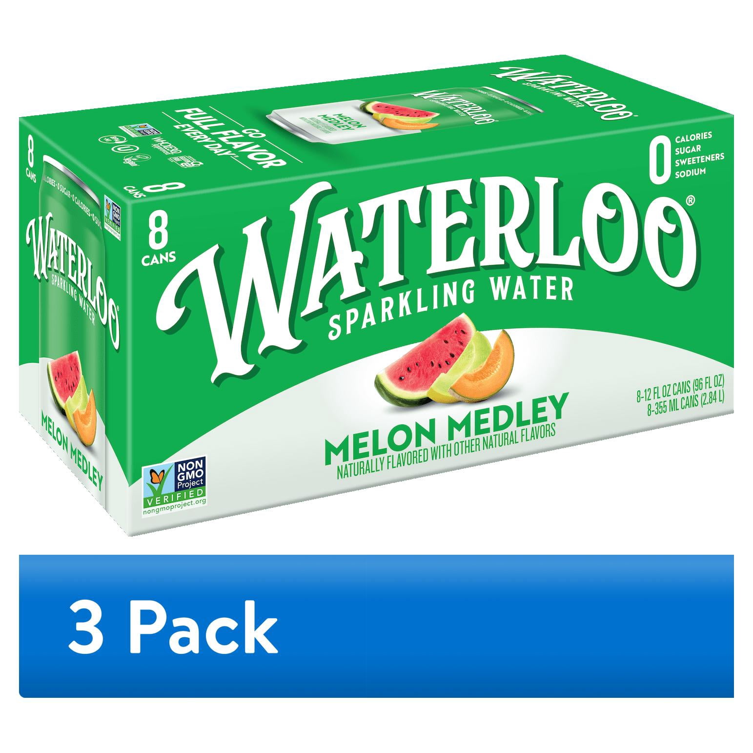 (3 pack) Waterloo Sparkling Water, Melon Medley, 12 fl oz, 8 Pack Cans