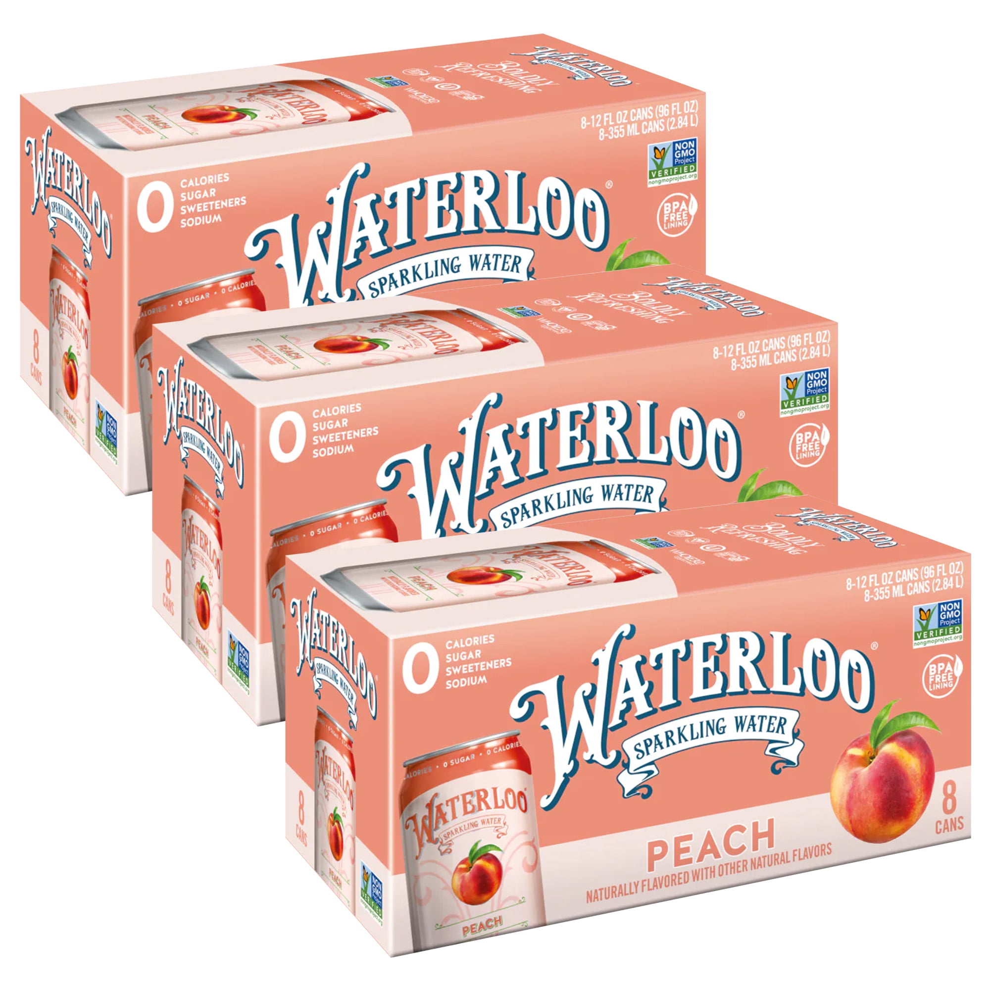 (3 pack) Waterloo Sparkling Water, Peach, 12 fl oz, 8 pack cans