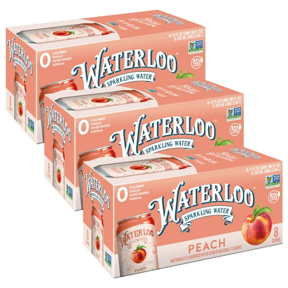 (3 pack) Waterloo Sparkling Water, Peach, 12 fl oz, 8 pack cans