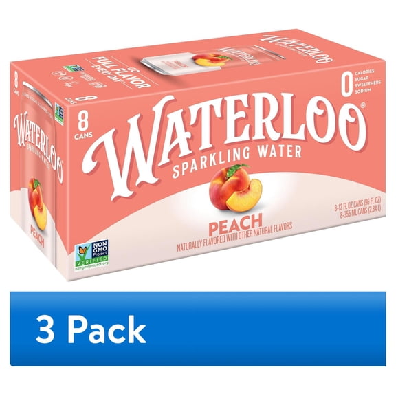 (3 pack) Waterloo Sparkling Water, Peach, 12 fl oz, 8 Pack Cans
