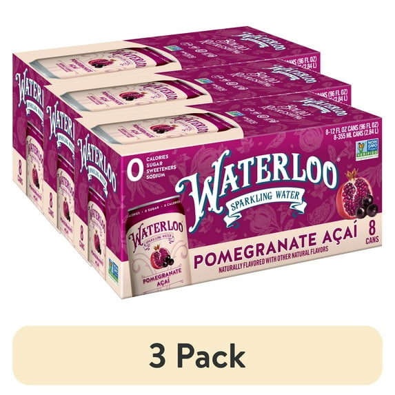 (3 pack) Waterloo Sparkling Water, Pomegranate Acai, 12 fl oz, 8 Pack Cans
