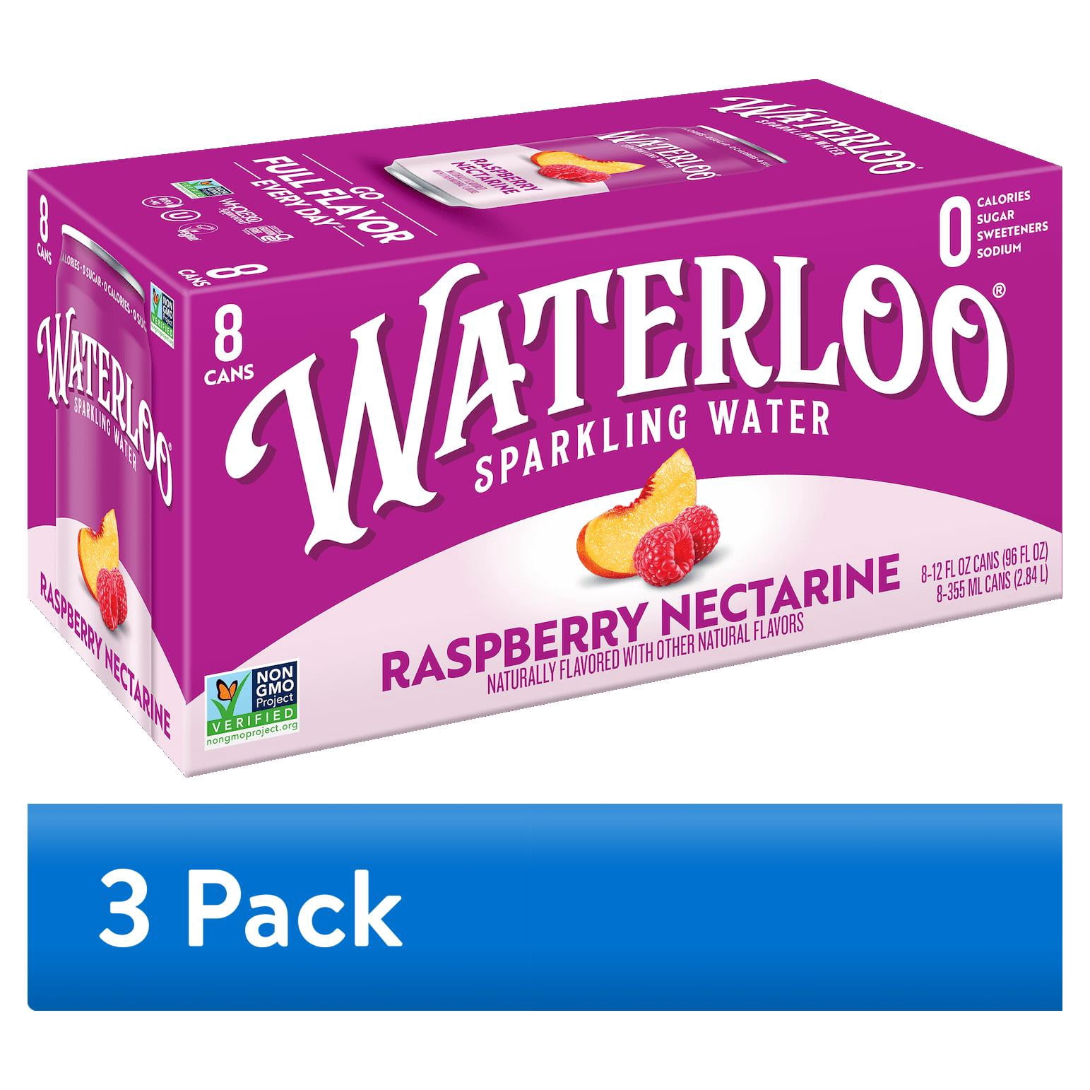 (3 pack) Waterloo Sparkling Water, Raspberry Nectarine, 12 fl oz, 8 pack cans