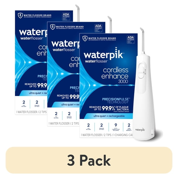 (3 pack) Waterpik Cordless Enhance 3000 Water Flosser with 2 Settings, 2 Tips, ADA Accepted, White, Tips and Packaging May Vary