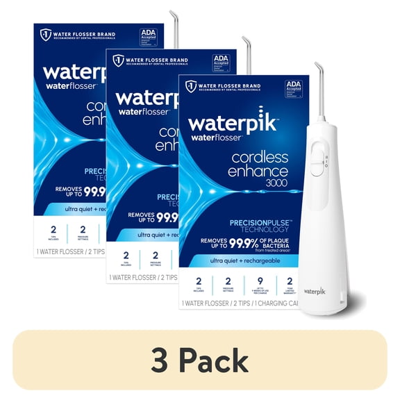(3 pack) Waterpik Cordless Enhance 3000 Water Flosser with 2 Settings, 2 Tips, ADA Accepted, White, Tips and Packaging May Vary