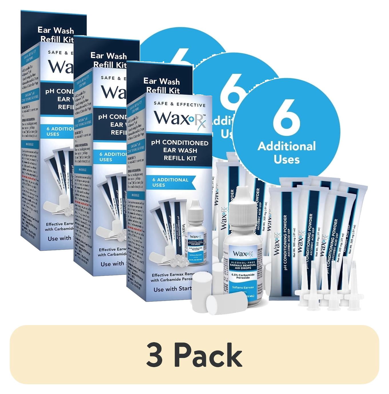 (3 pack) WaxRx Ear Wash Refill Kit, 1.7 oz, pH Conditioned Ear Wash Solution, 6 Uses, Compatible with WaxRx Deluxe Ear Wash System