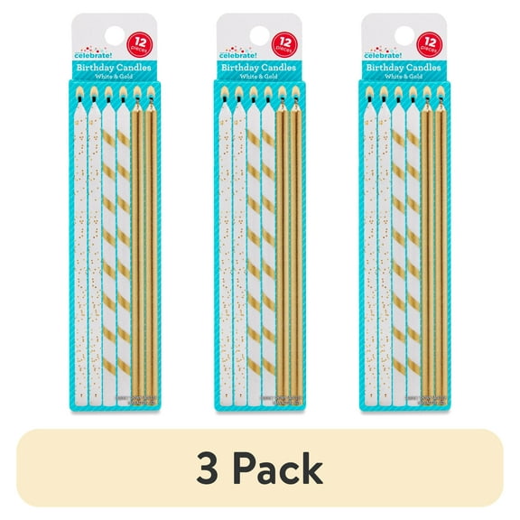 (3 pack) White/Gold Birthday Candle Set, 12 Pieces, by Way To Celebrate