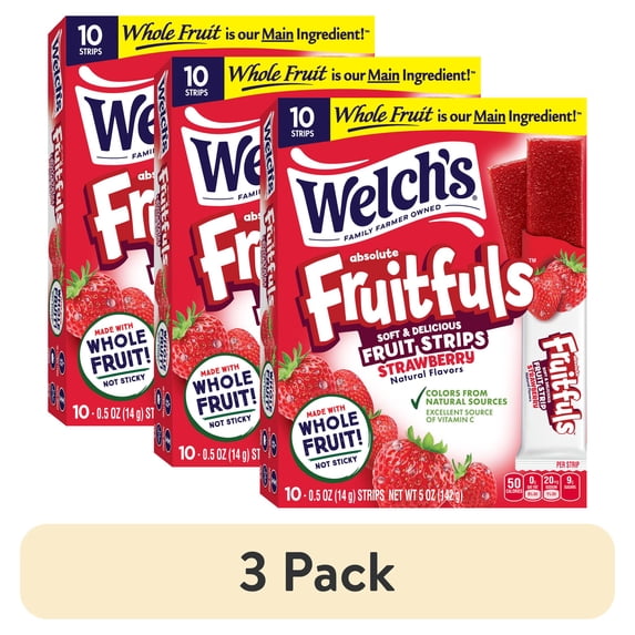 (3 pack) Welch's Fruitfuls Strawberry Soft Fruit Strips for Stocking Stuffers, .5 oz (10 Pack)