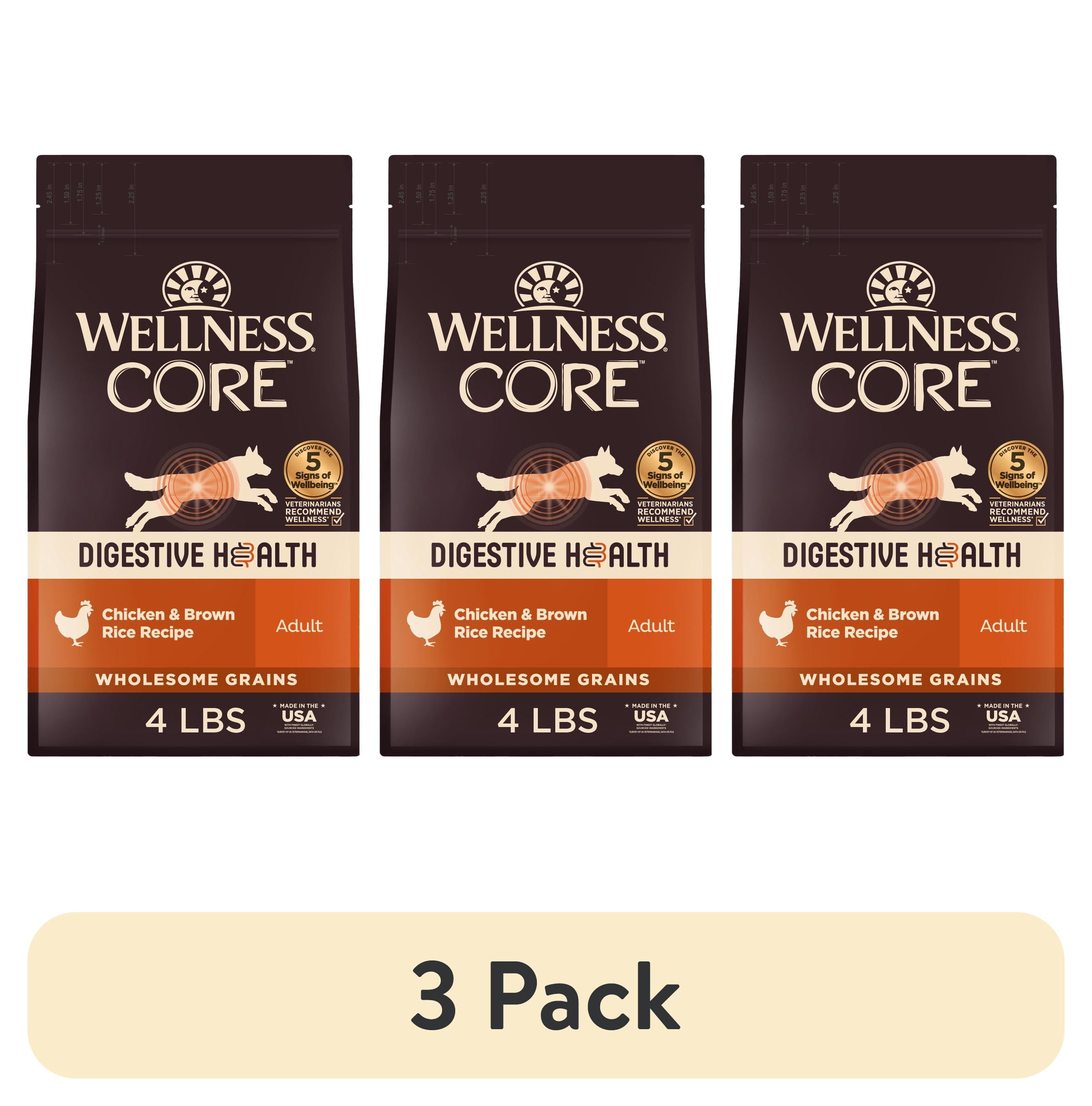 (3 pack) Wellness CORE Digestive Health Adult Dry Dog Food, Wholesome Grain Kibble, Sensitive Stomach, Natural, High Protein, Chicken Recipe, 4 lb Bag