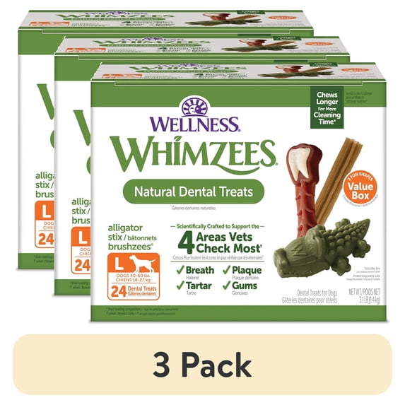 (3 pack) Wellness WHIMZEES Value Pack Natural Dog Dental Treat, Chews, Freshens Breath, Large Size, 50.9 oz Box, 24 Count