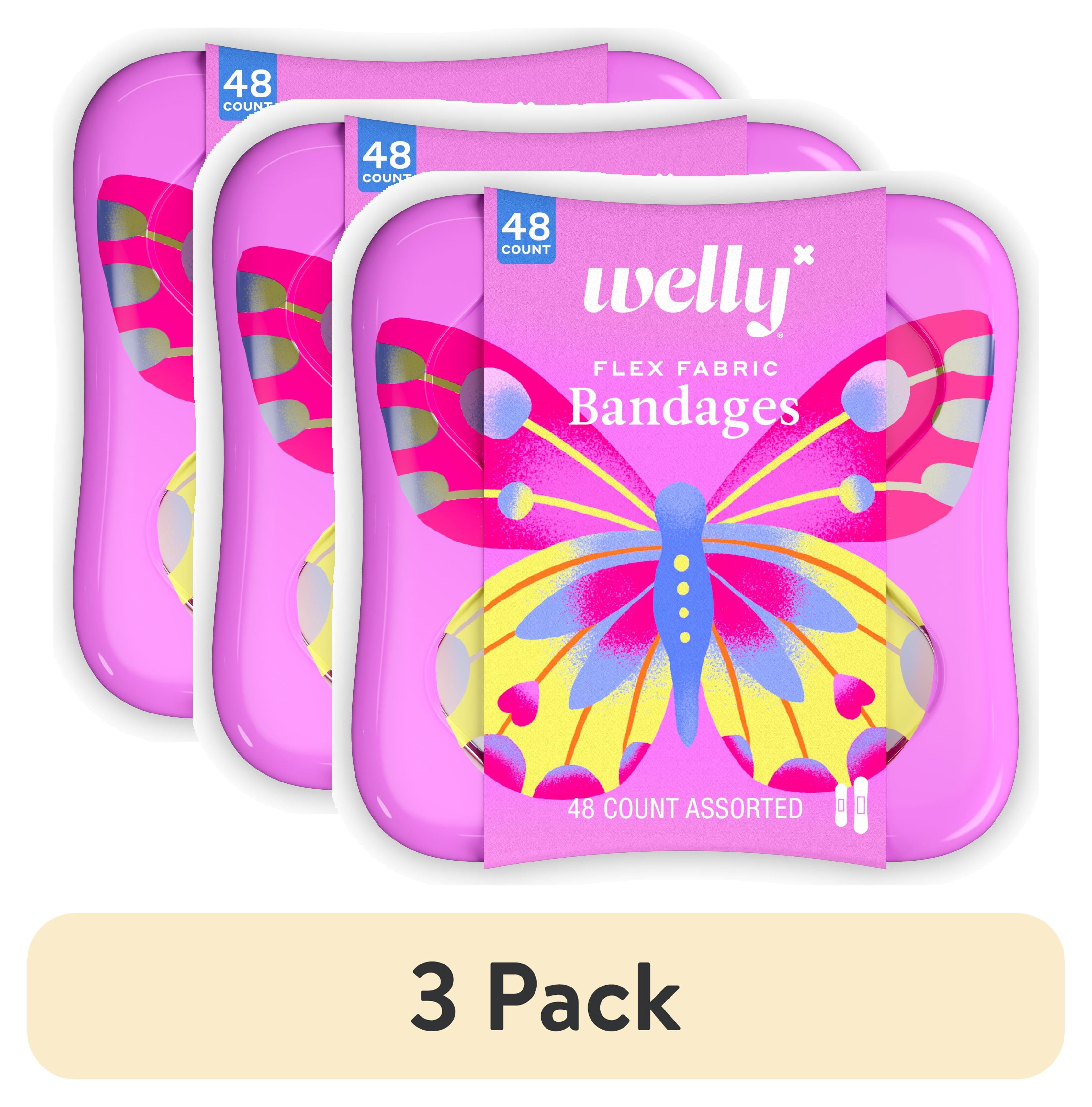 (3 pack) Welly Flex Fabric Bandages, Butterfly Pattern Bravery Badges for Kids, Assorted Sizes, 48 Count