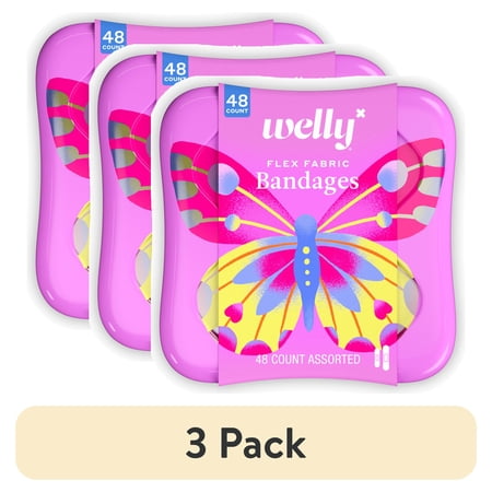 (3 pack) Welly Flex Fabric Bandages, Butterfly Pattern Bravery Badges for Kids, Assorted Sizes, 48 Count