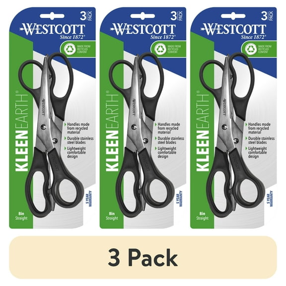 (3 pack) Westcott 8" Straight Kleen Earth Recycled Stainless Steel Scissor, Black, 3 Pack, High School Level