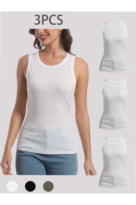 3-pack White Women Tank Tops Summer Sleeveless Basic Cami Top Shirt Slim Racerback Blouses