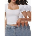 thumbnail image 1 of 3-pack White Women's Square Neck Short Sleeve T Shirts Double Lined Basic Tee Slim Fit Tops, 1 of 6