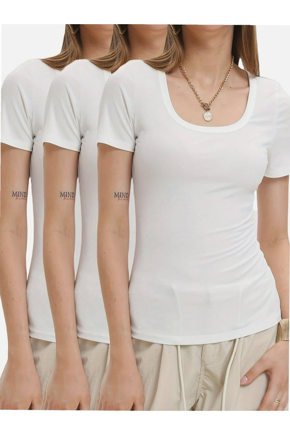 3-pack White Women's Summer Scoop Neck Short Sleeve T-Shirts Ribbed Knit Slim Fitted Casual Basic Top