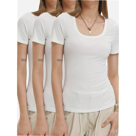 3-pack White Women's Summer Scoop Neck Short Sleeve T-Shirts Ribbed Knit Slim Fitted Casual Basic Top