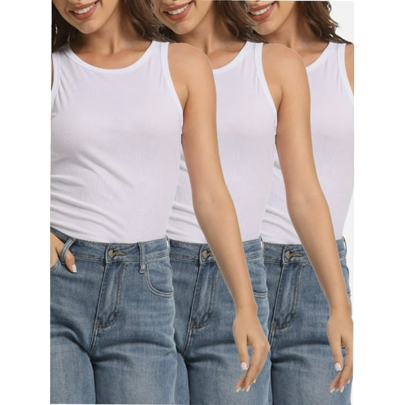 3-pack White Womens Sleeveless Racerback High Neck Casual Basic Ribbed Fitted Tank Top