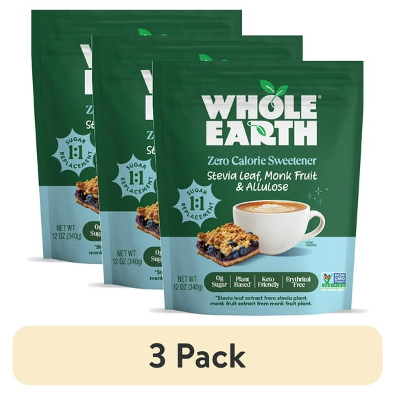(3 pack) Whole Earth Zero Calorie Stevia, Monk Fruit & Allulose Sweetener, Zero Calorie Sugar Substitute, Keto-Friendly, Non-GMO, No Erythritol, Erythritol-Free, Pouch, 12oz Pouch